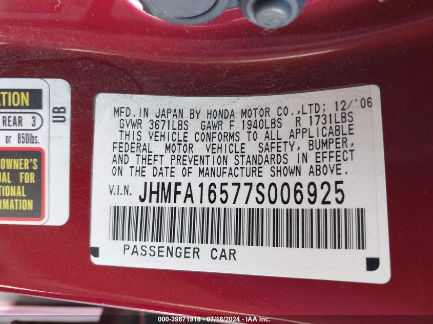 2007 Honda Civic Lx VIN: JHMFA16577S006925 Lot: 39871918