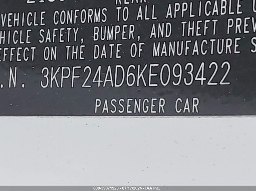 2019 Kia Forte Lxs VIN: 3KPF24AD6KE093422 Lot: 39871923