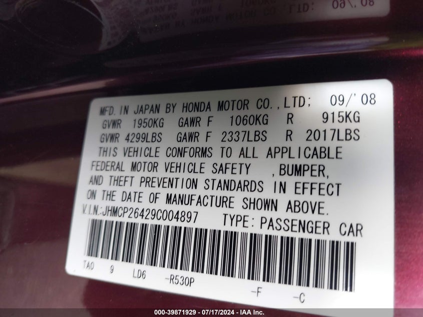 2009 Honda Accord Lxp VIN: JHMCP26429C004897 Lot: 39871929
