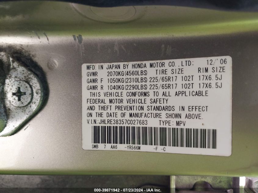 2007 Honda Cr-V Lx VIN: JHLRE38357C027683 Lot: 39871942