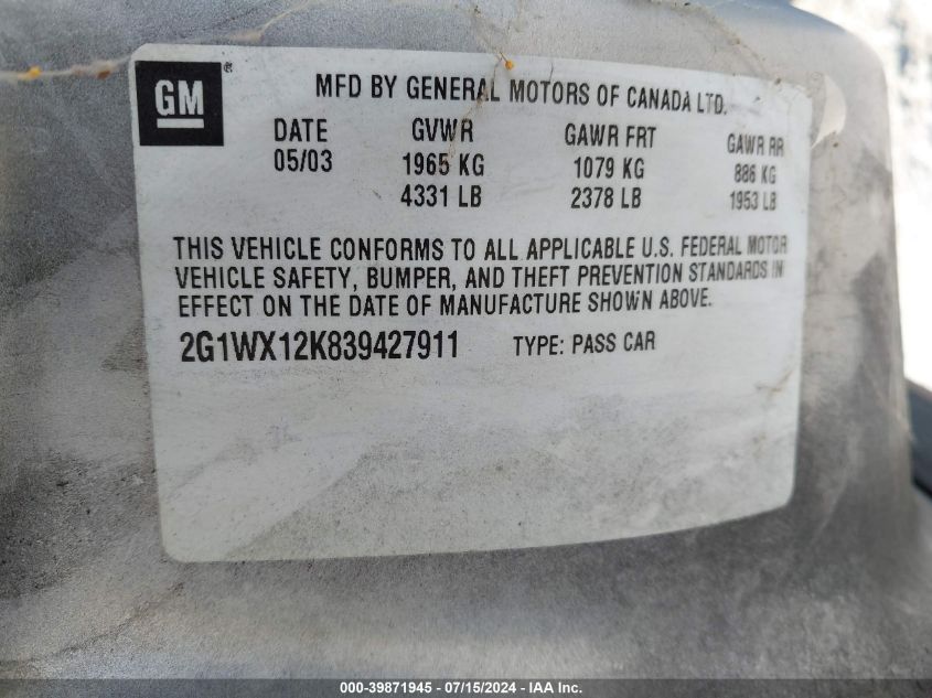 2003 Chevrolet Monte Carlo Ss VIN: 2G1WX12K839427911 Lot: 39871945