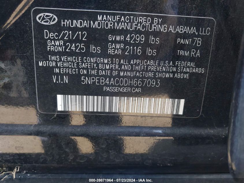 2013 Hyundai Sonata Gls VIN: 5NPEB4AC0DH667093 Lot: 39871964