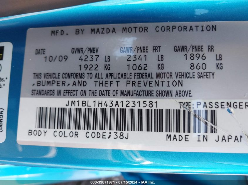 2010 Mazda Mazdaspeed3 Sport VIN: JM1BL1H43A1231581 Lot: 39871971