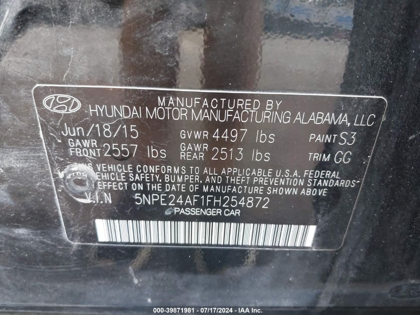 2015 Hyundai Sonata Se VIN: 5NPE24AF1FH254872 Lot: 39871981