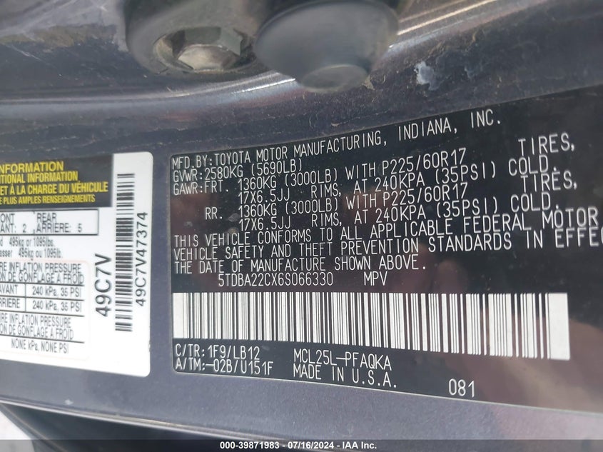 2006 Toyota Sienna Xle VIN: 5TDBA22CX6S066330 Lot: 39871983