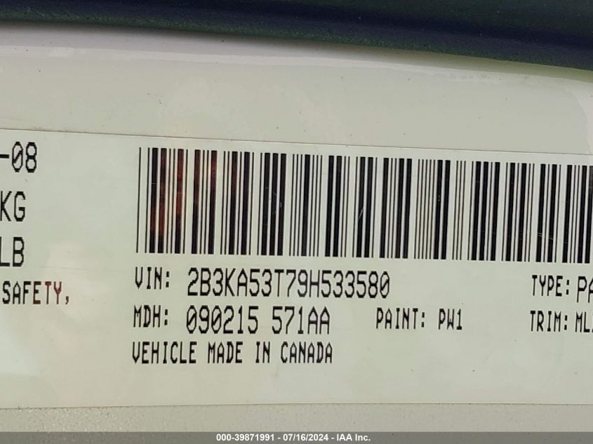 2009 Dodge Charger R/T VIN: 2B3KA53T79H533580 Lot: 39871991