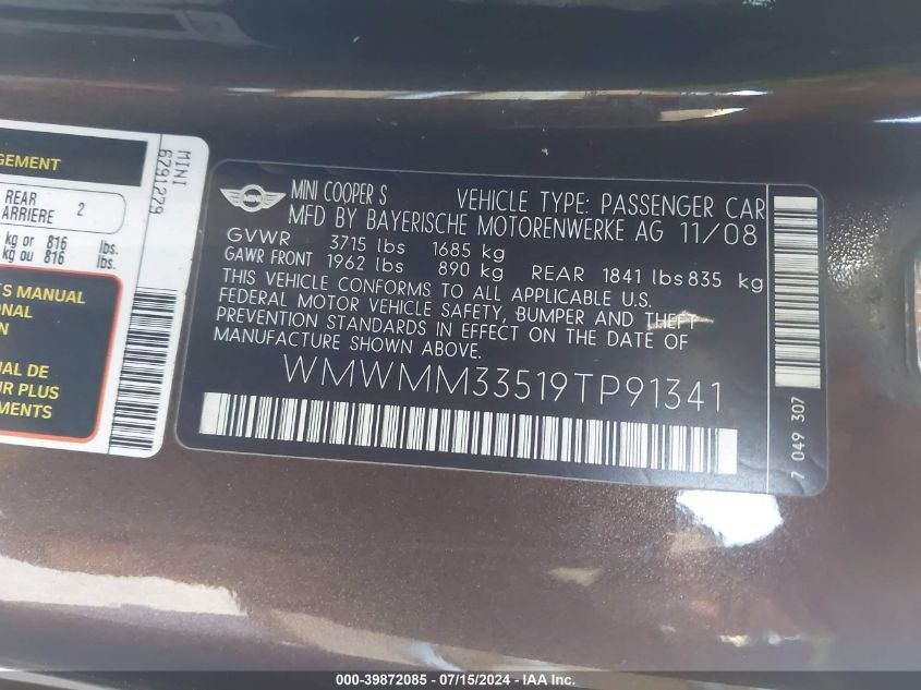 2009 Mini Cooper S Clubman VIN: WMWMM33519TP91341 Lot: 39872085