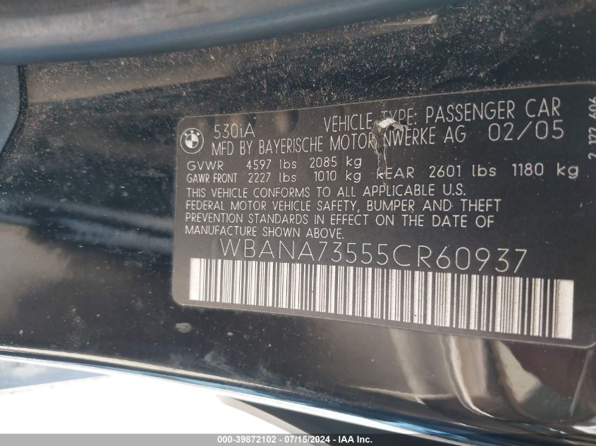 2005 BMW 530I VIN: WBANA73555CR60937 Lot: 39872102
