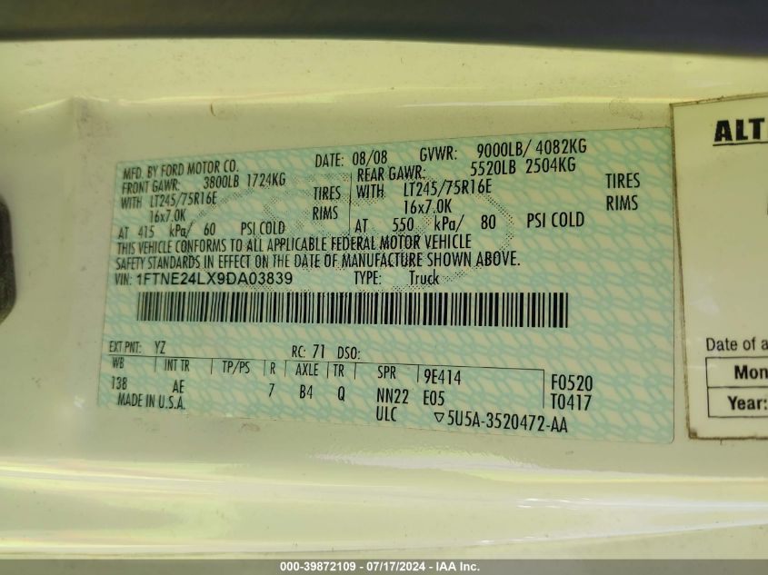 2009 Ford E-250 Commercial/Recreational VIN: 1FTNE24LX9DA03839 Lot: 39872109
