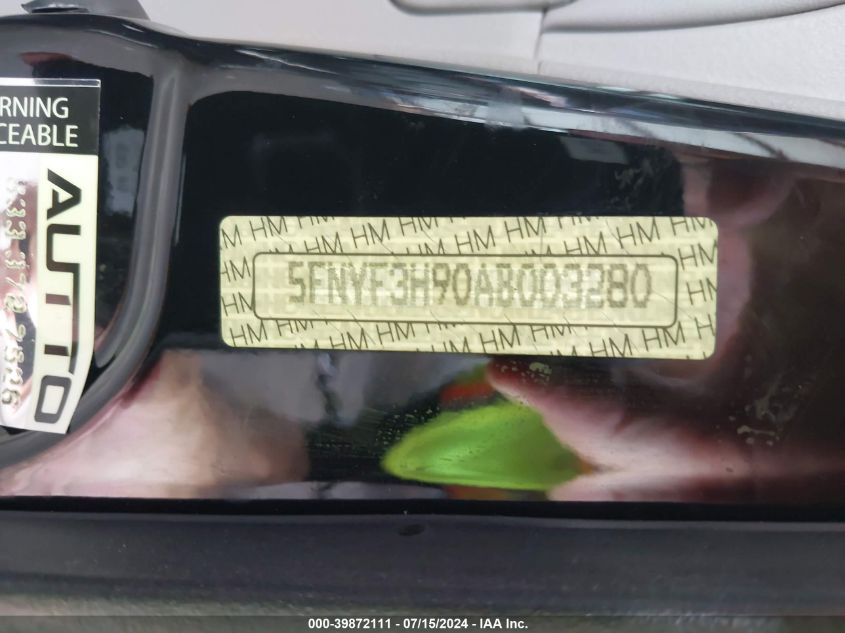 2010 Honda Pilot Touring VIN: 5FNYF3H90AB003280 Lot: 39872111