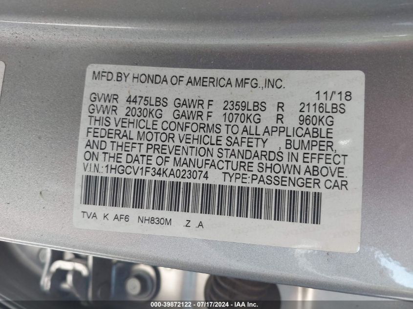 1HGCV1F34KA023074 2019 Honda Accord Sport