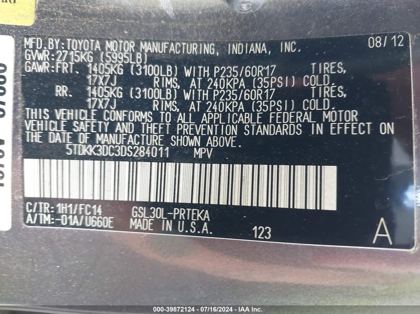 2013 Toyota Sienna Le V6 8 Passenger VIN: 5TDKK3DC3DS284011 Lot: 39872124