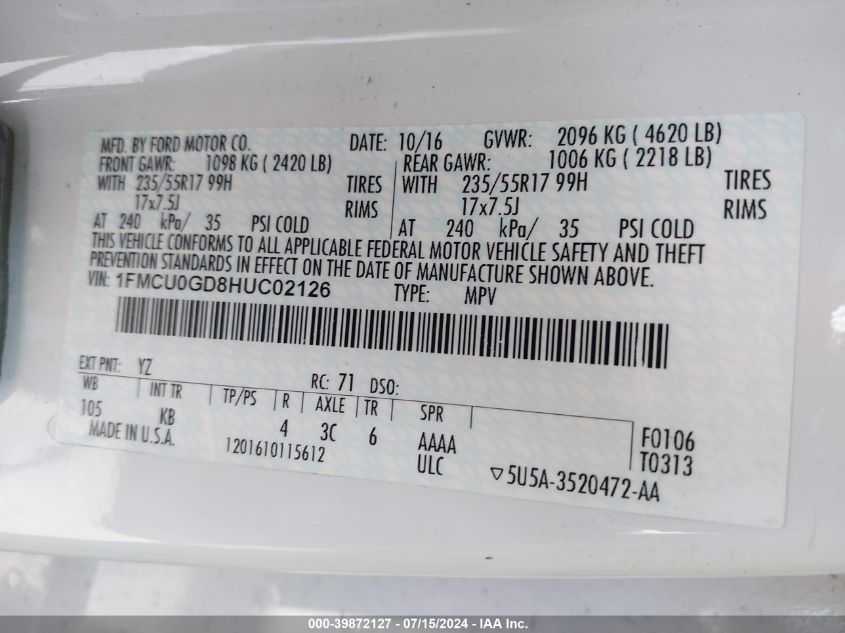 2017 Ford Escape Se VIN: 1FMCU0GD8HUC02126 Lot: 39872127