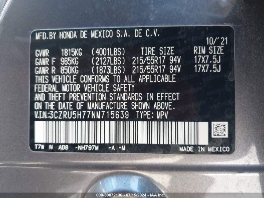 2022 Honda Hr-V 2Wd Ex-L VIN: 3CZRU5H77NM715639 Lot: 39872130