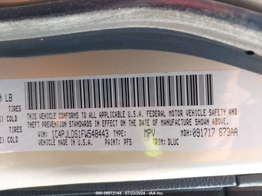 2015 Jeep Cherokee Limited VIN: 1C4PJLDS1FW548443 Lot: 39872144