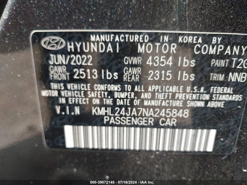 2022 Hyundai Sonata Se VIN: KMHL24JA7NA245848 Lot: 39872148