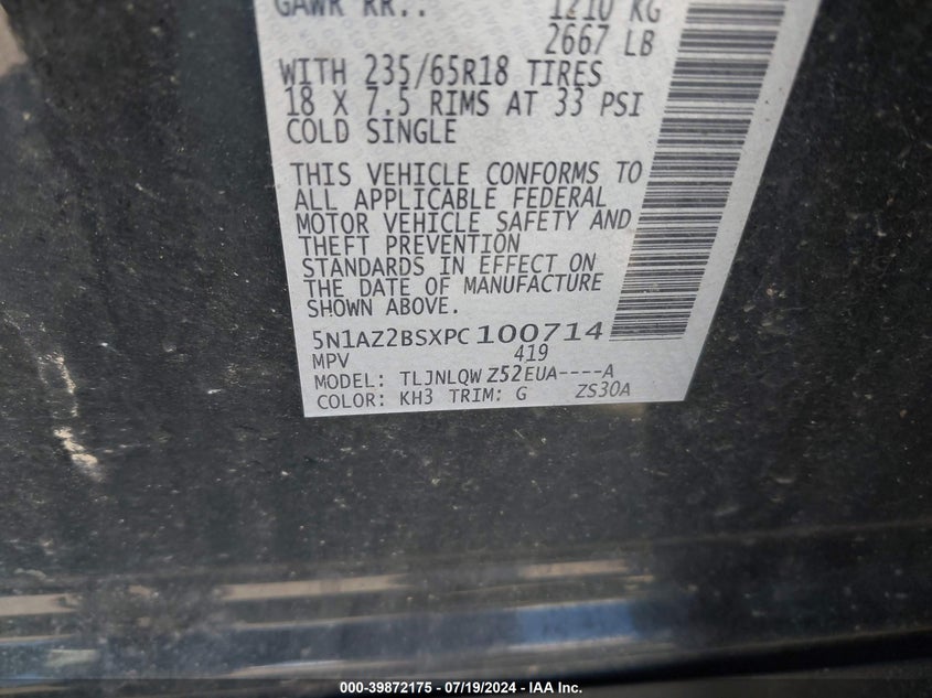 2023 Nissan Murano Sv VIN: 5N1AZ2BSXPC100714 Lot: 39872175