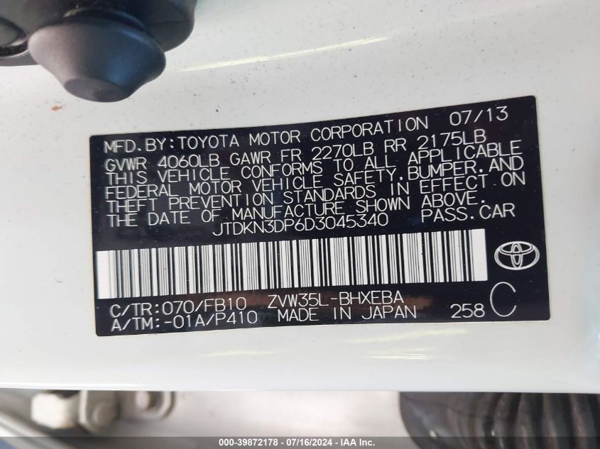 2013 Toyota Prius Plug-In VIN: JTDKN3DP6D3045340 Lot: 39872178