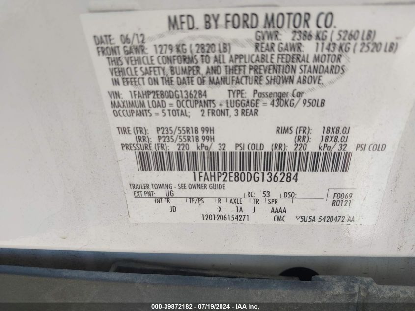 2013 FORD TAURUS SEL - 1FAHP2E80DG136284