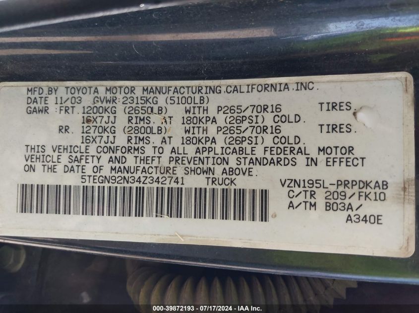 2004 Toyota Tacoma Prerunner V6 VIN: 5TEGN92N34Z342741 Lot: 39872193
