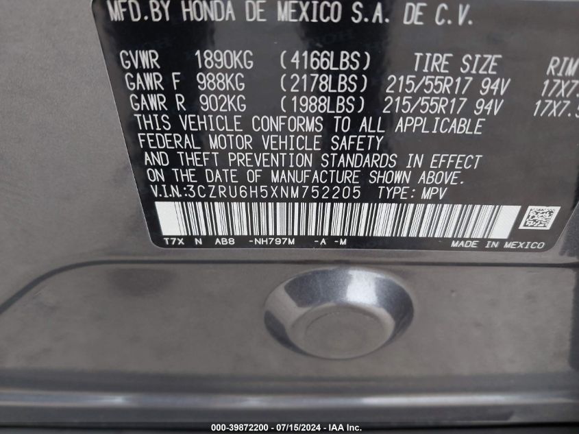 2022 HONDA HR-V EX - 3CZRU6H5XNM752205