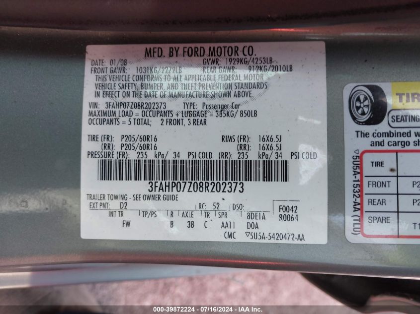 2008 Ford Fusion Se VIN: 3FAHP07Z08R202373 Lot: 39872224