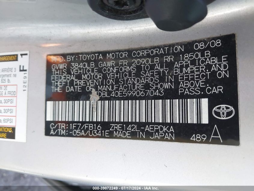 2009 Toyota Corolla Le VIN: JTDBL40E599067043 Lot: 39872249