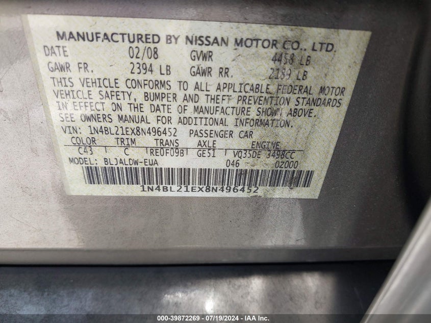 2008 Nissan Altima 3.5Se/3.5Sl VIN: 1N4BL21EX8N496452 Lot: 39872269