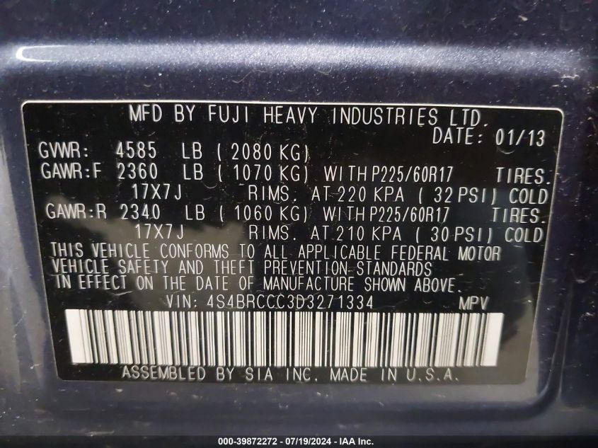 2013 Subaru Outback 2.5I Premium VIN: 4S4BRCCC3D3271334 Lot: 39872272