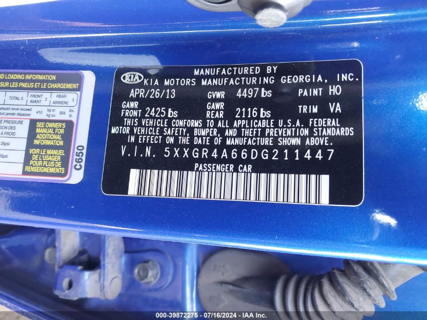 2013 Kia Optima Sx VIN: 5XXGR4A66DG211447 Lot: 39872275