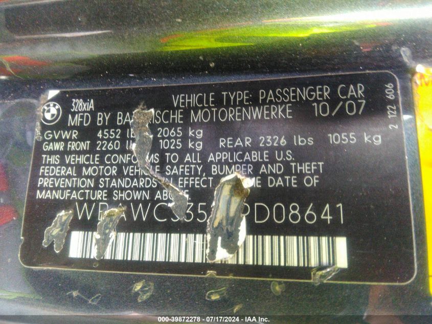2008 BMW 328Xi Xi VIN: WBAWC33528PD08641 Lot: 39872278