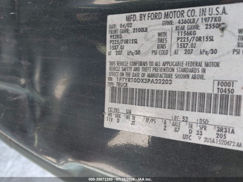 2003 Ford Ranger Xl/Xlt VIN: 1FTYR10DX3PA23203 Lot: 39872280
