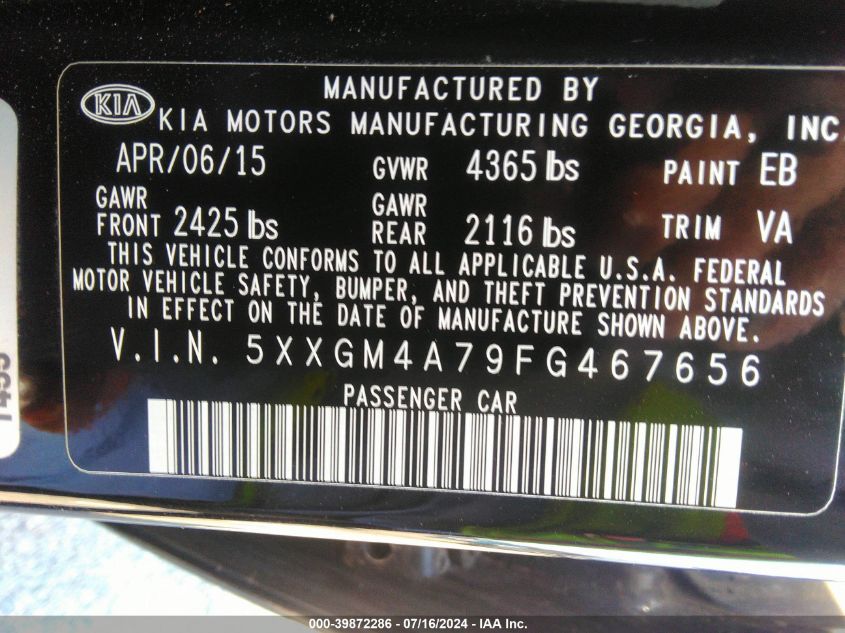 2015 Kia Optima Lx VIN: 5XXGM4A79FG467656 Lot: 39872286