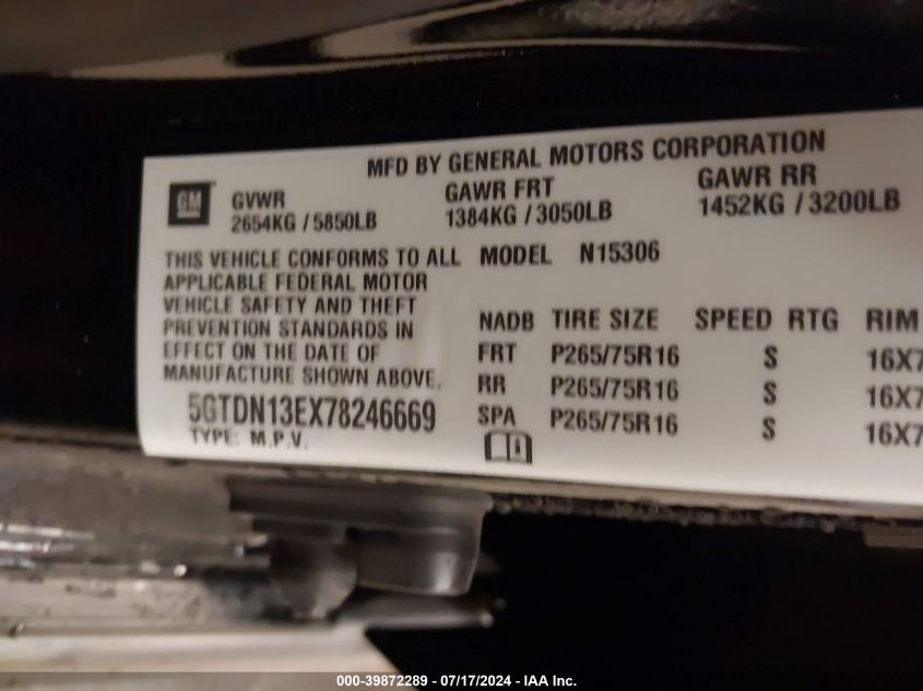 2007 Hummer H3 Suv VIN: 5GTDN13EX78246669 Lot: 39872289