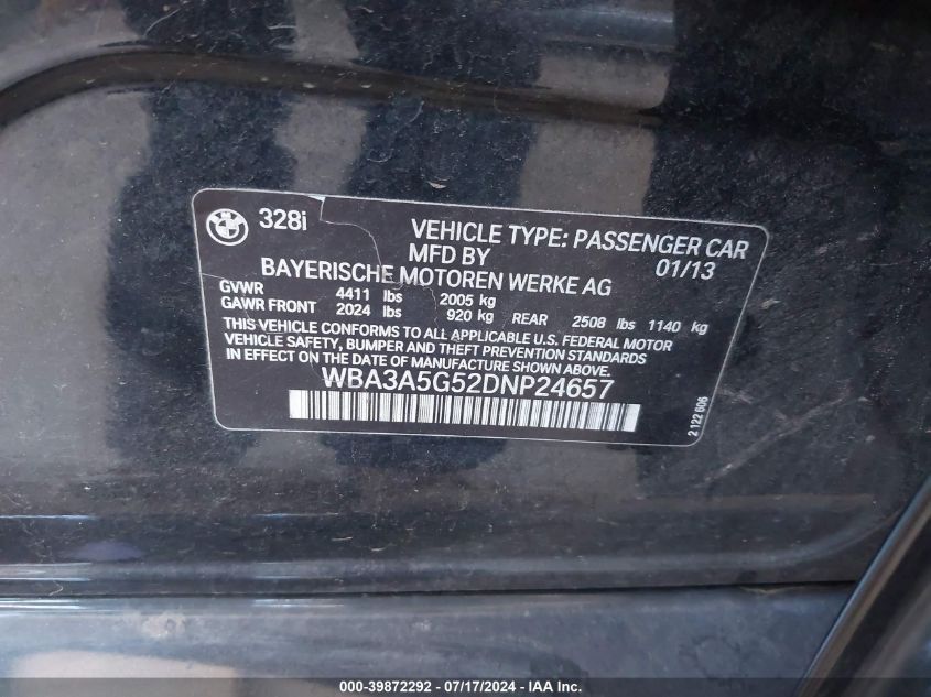 2013 BMW 328 I VIN: WBA3A5G52DNP24657 Lot: 39872292