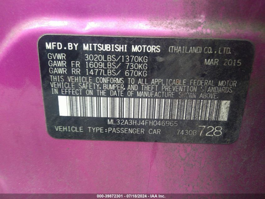 2015 Mitsubishi Mirage De VIN: ML32A3HJ4FH046965 Lot: 39872301