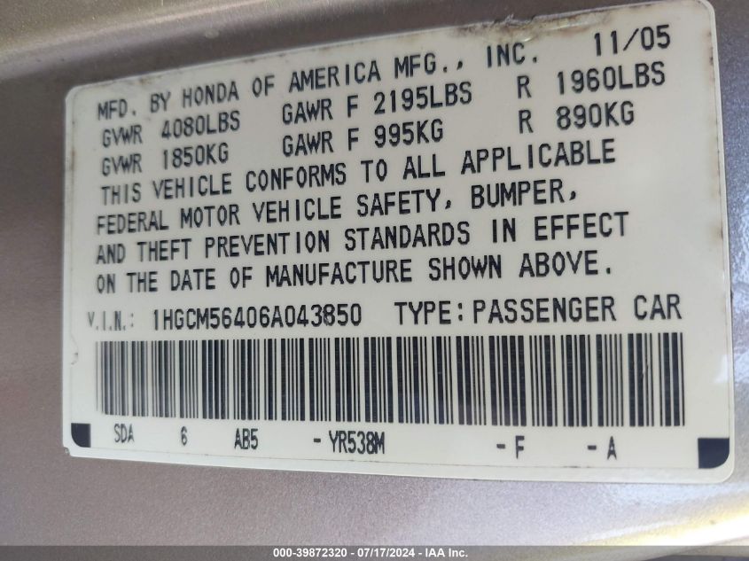2006 Honda Accord 2.4 Lx VIN: 1HGCM56406A043850 Lot: 39872320