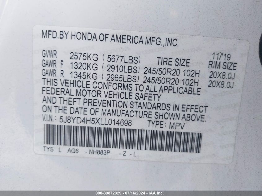 2020 Acura Mdx Technology VIN: 5J8YD4H5XLL014698 Lot: 39872329