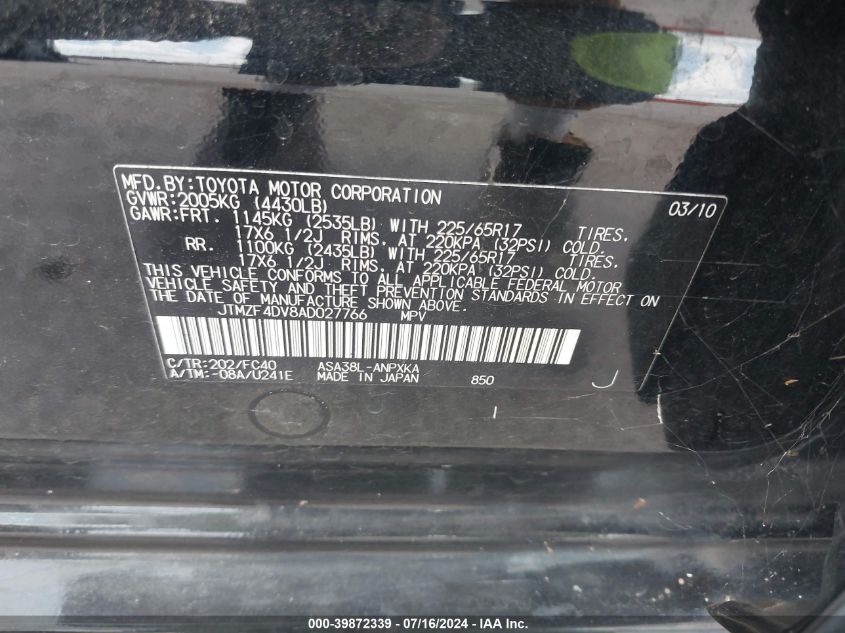 2010 Toyota Rav4 VIN: JTMZF4DV8AD027766 Lot: 39872339