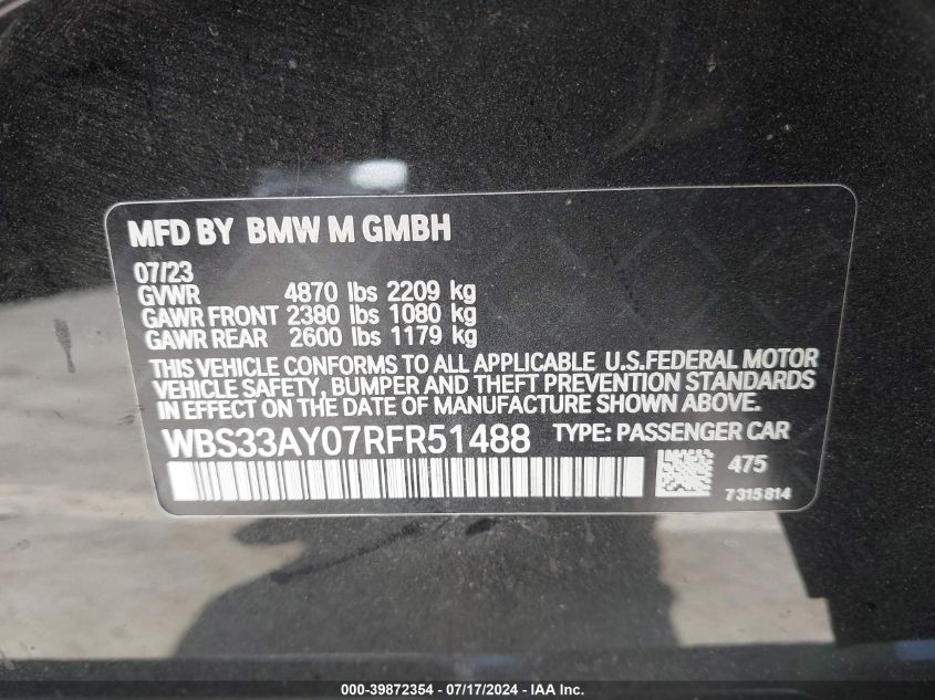 2024 BMW M3 - WBS33AY07RFR51488