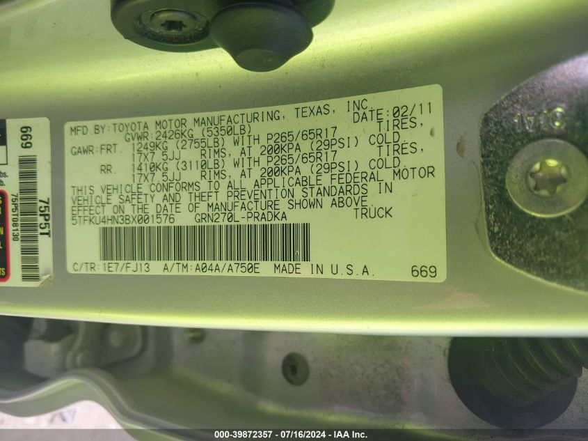 2011 Toyota Tacoma Prerunner V6 VIN: 5TFKU4HN3BX001576 Lot: 39872357