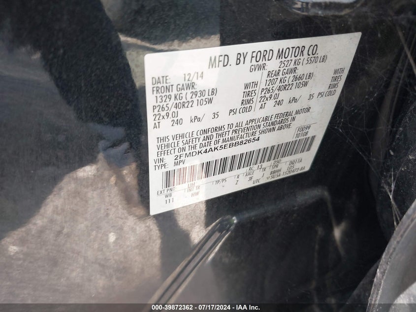 2014 Ford Edge Sport VIN: 2FMDK4AK5EBB82654 Lot: 39872362