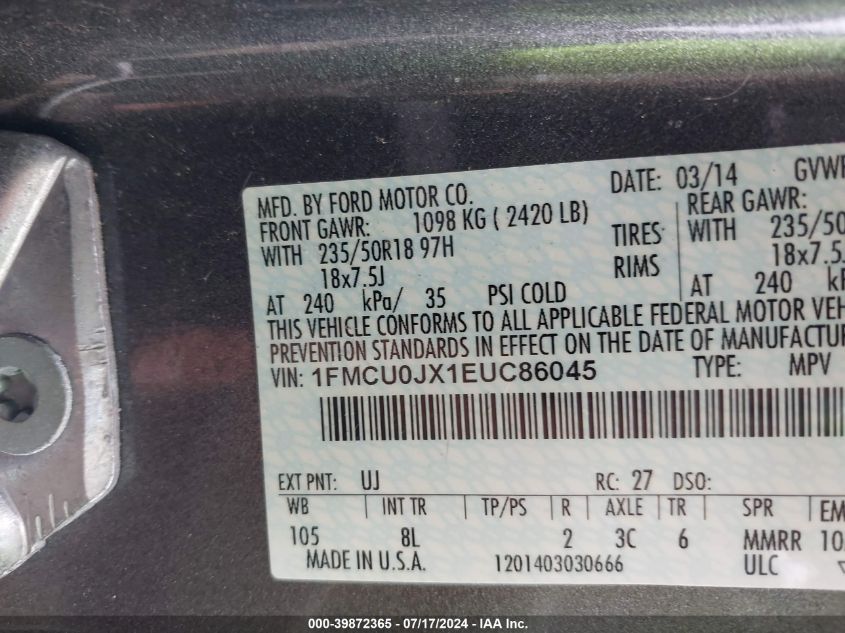 2014 Ford Escape Titanium VIN: 1FMCU0JX1EUC86045 Lot: 39872365