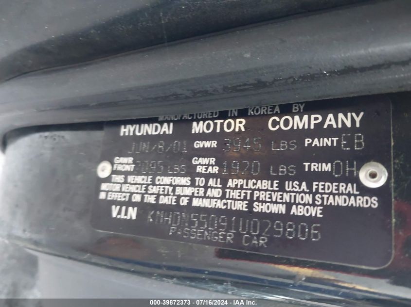 2001 Hyundai Elantra Gt VIN: KMHDN55D91U029806 Lot: 39872373