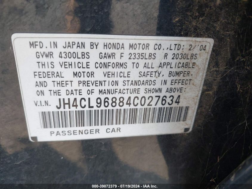 2004 Acura Tsx VIN: JH4CL96884C027634 Lot: 39872379