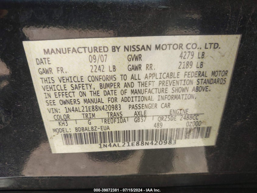 2008 Nissan Altima 2.5 S VIN: 1N4AL21E88N420983 Lot: 39872381