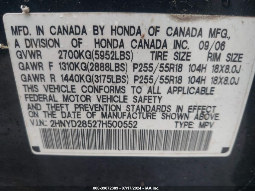 2007 Acura Mdx Sport Package VIN: 2HNYD28527H500552 Lot: 39872389