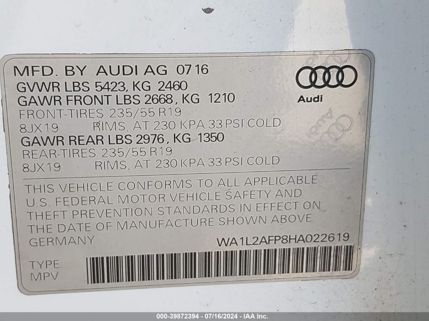 2017 Audi Q5 2.0T Premium VIN: WA1L2AFP8HA022619 Lot: 39872394