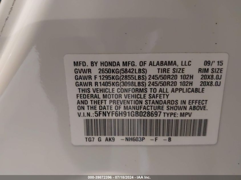 2016 Honda Pilot Touring VIN: 5FNYF6H91GB028697 Lot: 39872396