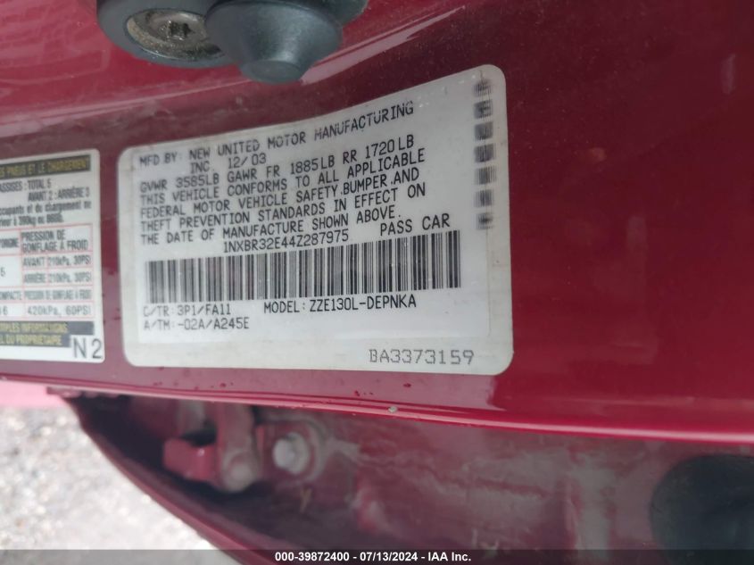 2004 Toyota Corolla Le VIN: 1NXBR32E44Z287975 Lot: 39872400